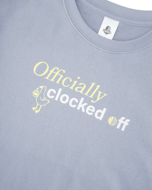 Clocked Off print detail on light blue women’s boxy t-shirt