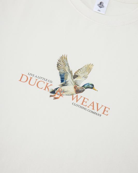 Duck & Weave front graphic detail on cream t-shirt