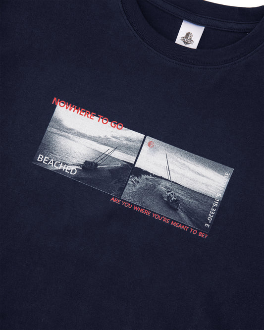 Beached yacht graphic detail on navy t-shirt