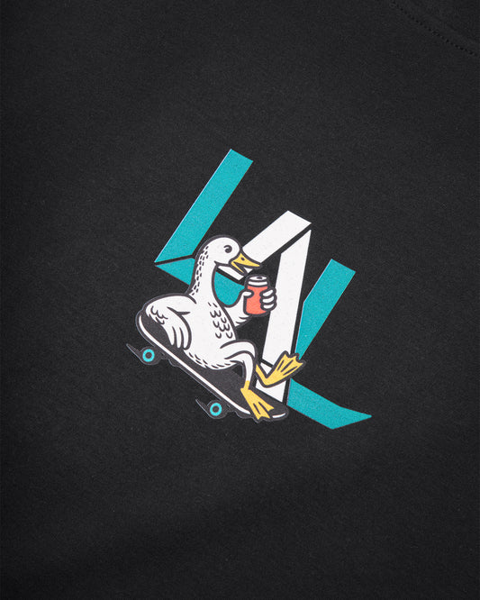 Goose Juice tee front graphic detail on black cotton fabric – close-up