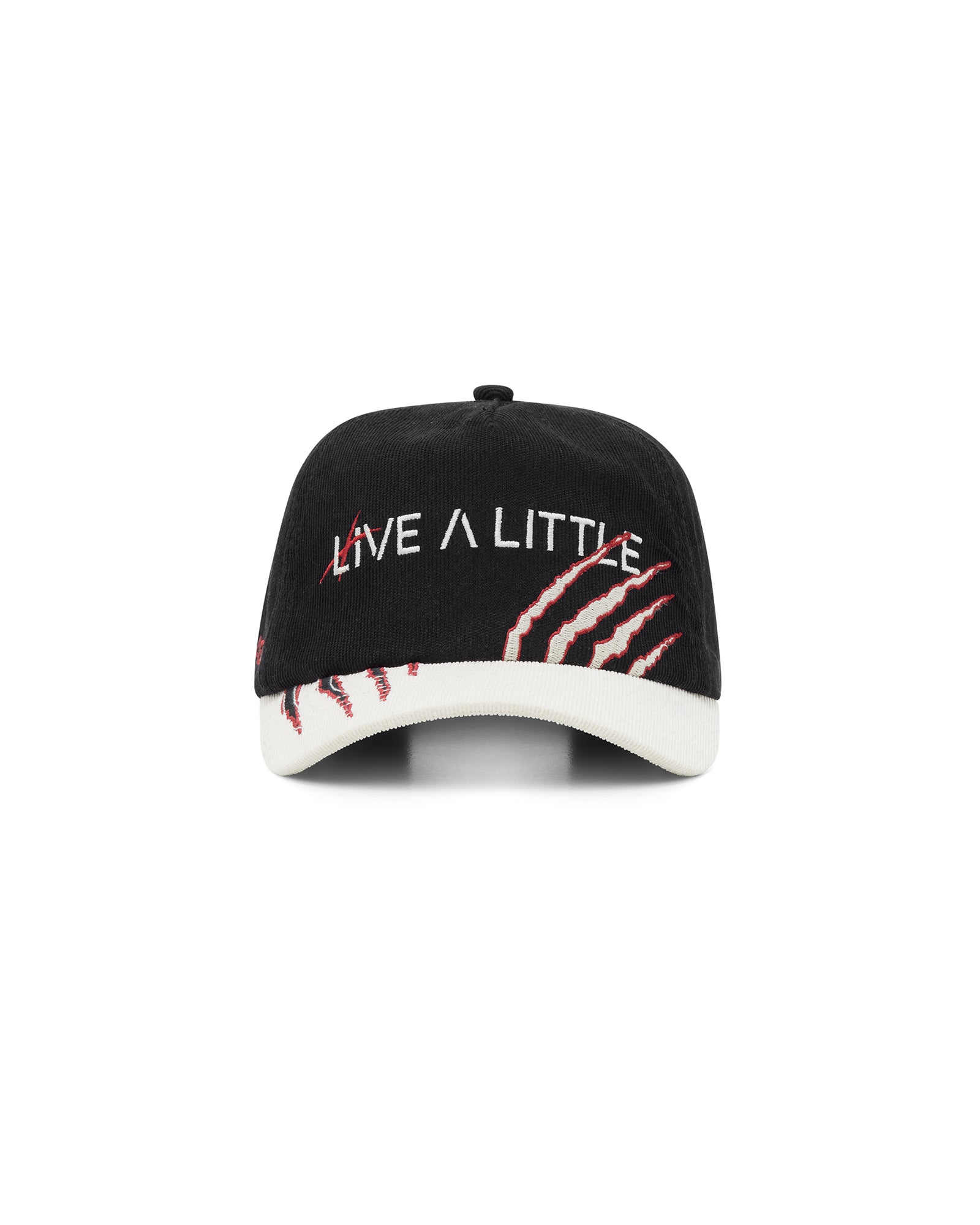 Untamed black 5-panel corduroy cap with Live a Little embroidery – front view