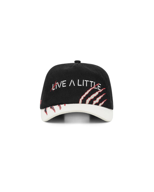 Untamed black 5-panel corduroy cap with Live a Little embroidery – front view