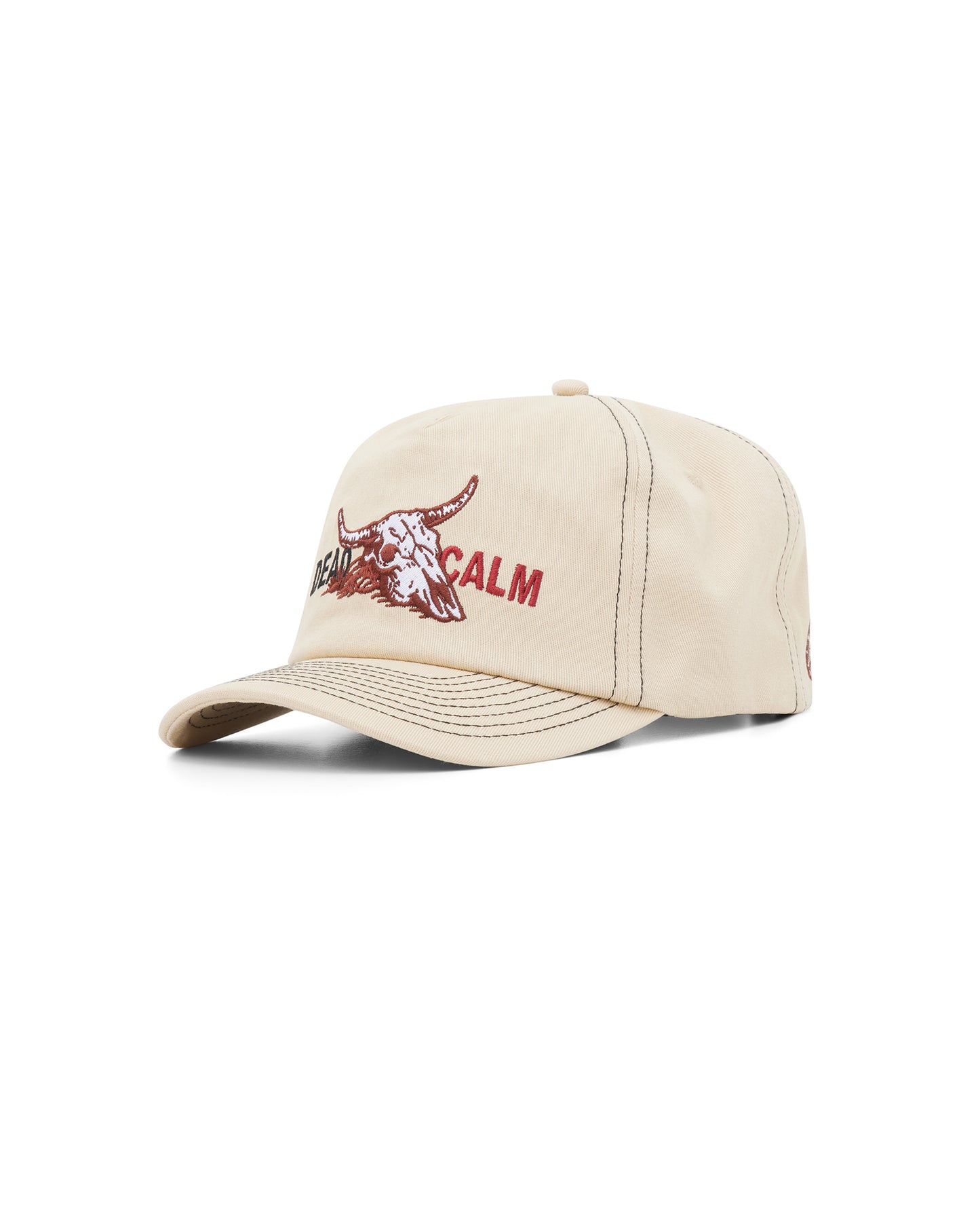 Dead Calm sand 5-panel cap with front skull embroidery – front view