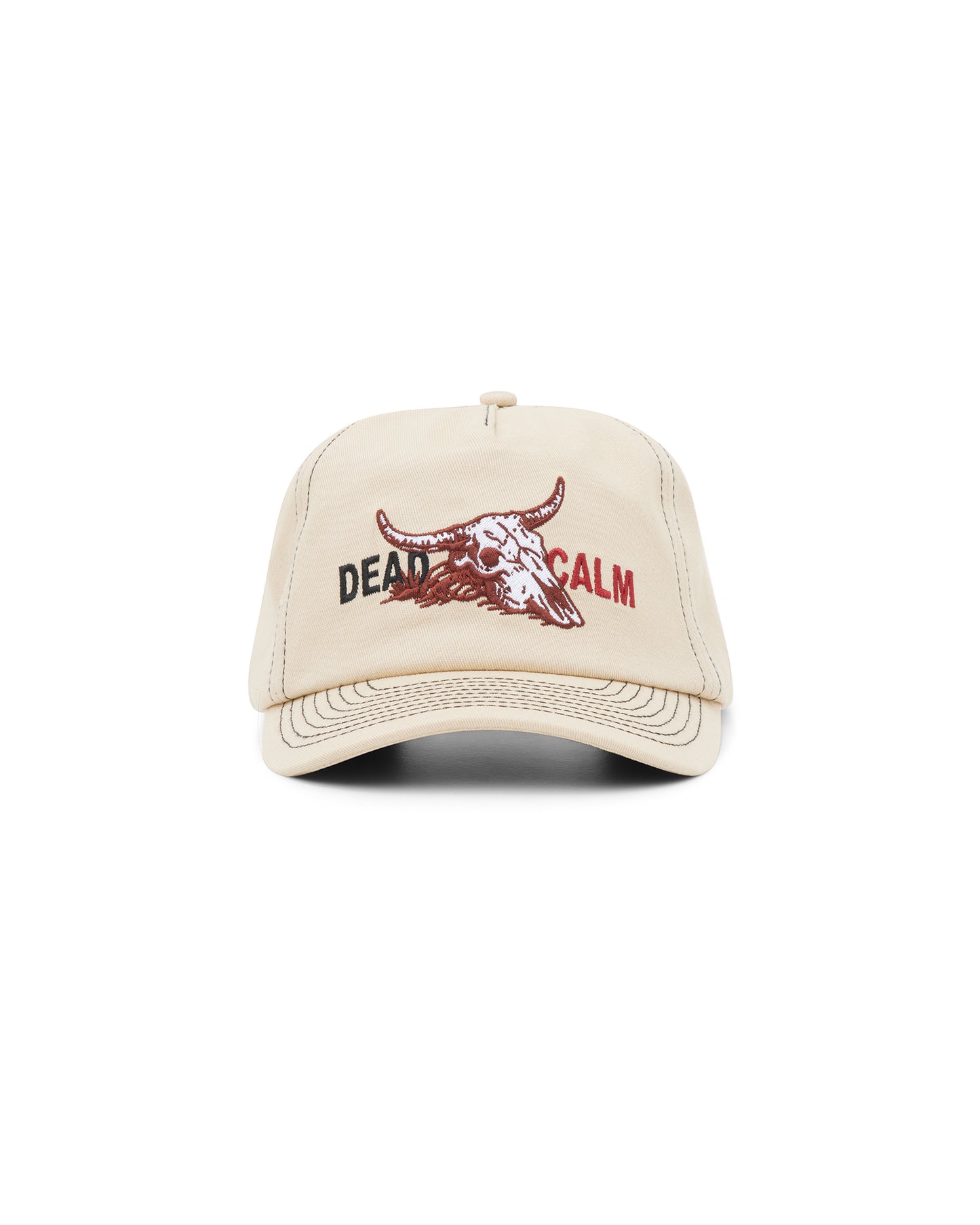 Dead Calm sand unstructured 5-panel cap with skull embroidery – angled front view