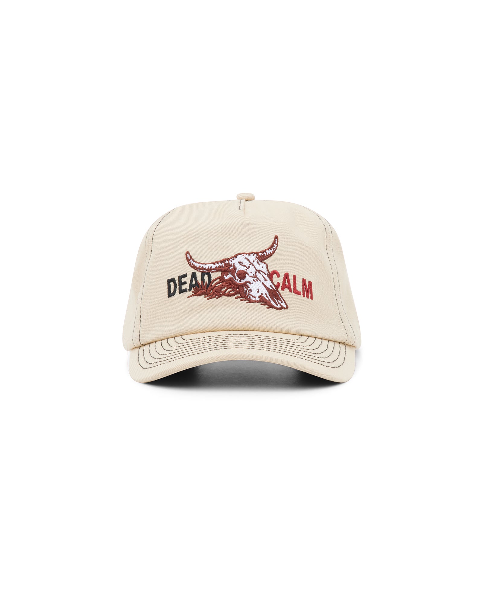 Dead Calm sand unstructured 5-panel cap with skull embroidery – angled front view