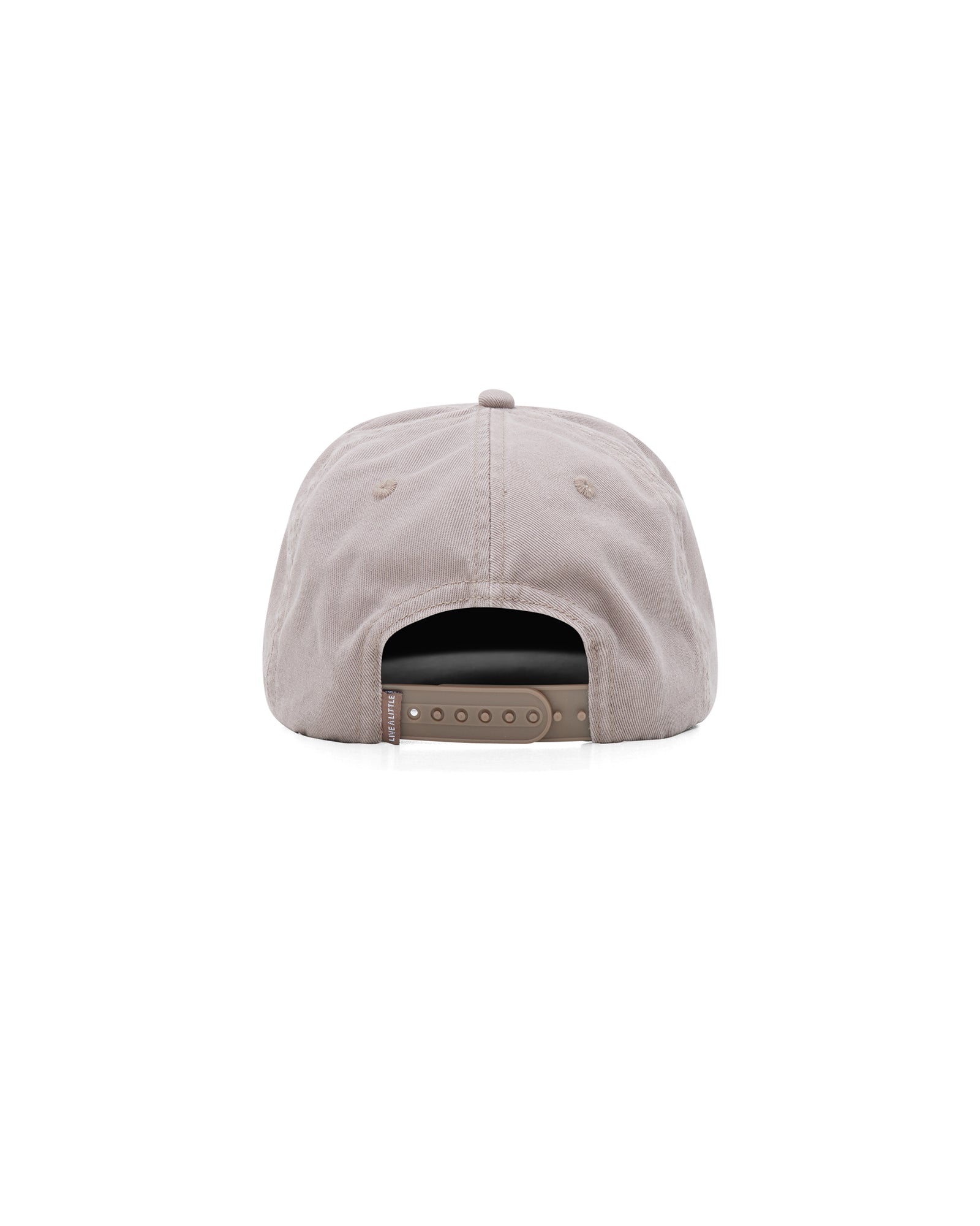 Off Grid brown 5-panel cap with adjustable snapback closure – back view