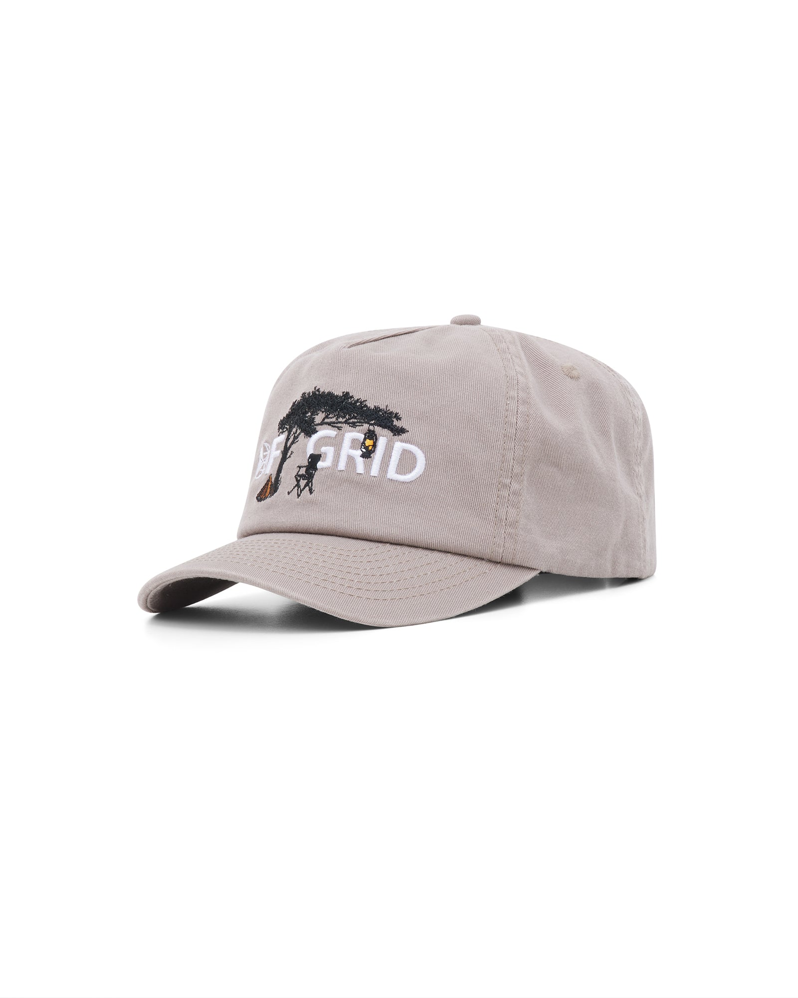 Off Grid brown 5-panel cap with embroidered logo – front view