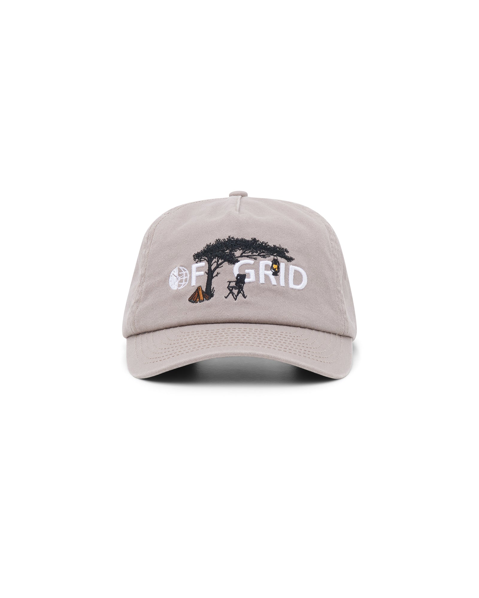 Off Grid brown unstructured 5-panel cap with front embroidery – angled front view