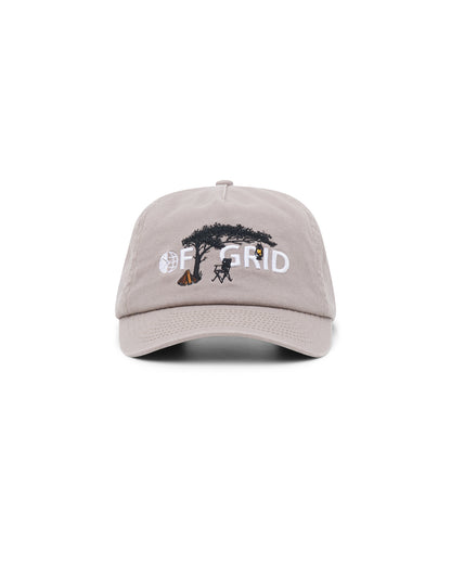 Off Grid brown unstructured 5-panel cap with front embroidery – angled front view