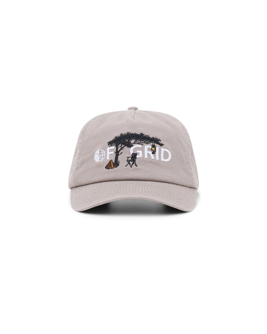 Off Grid brown unstructured 5-panel cap with front embroidery – angled front view