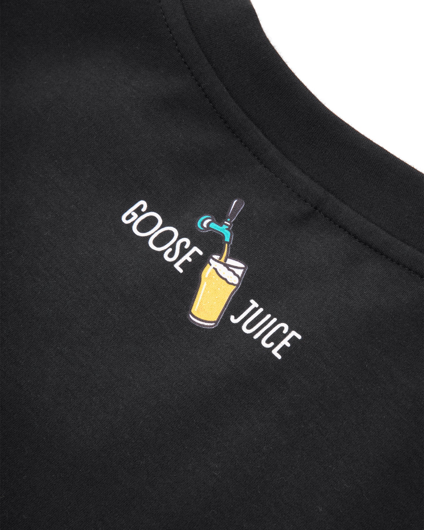 Goose Juice t-shirt rear neck pint graphic detail – close-up
