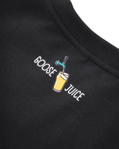 Goose Juice t-shirt rear neck pint graphic detail – close-up