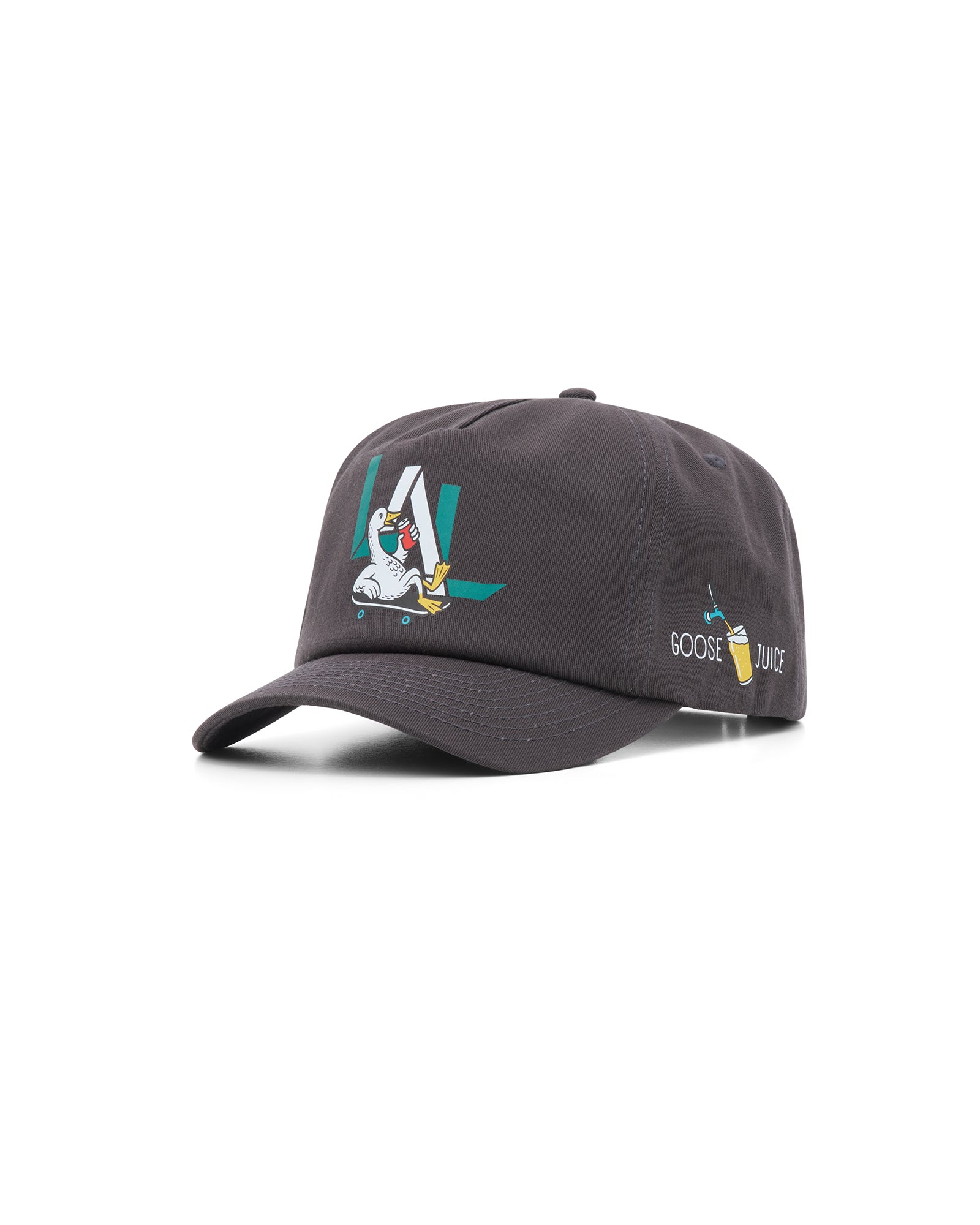 Goose Juice black unstructured 5-panel cap with embroidered front logo – angled front view