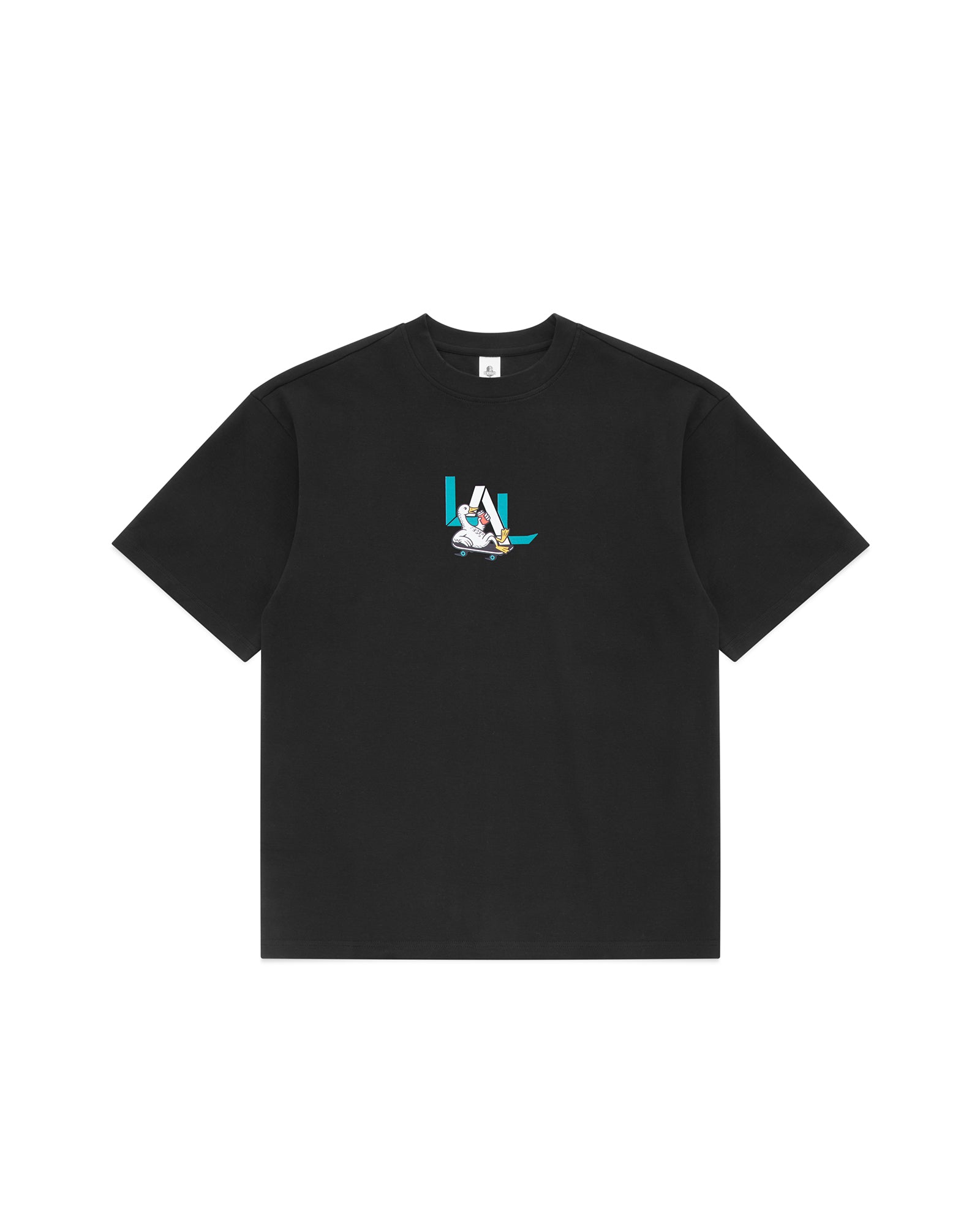 Goose Juice black heavyweight organic cotton t-shirt with front graphic – front view