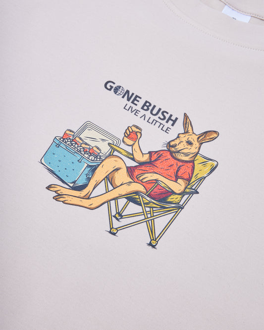 Gone Bush tee kangaroo graphic detail on white cotton fabric – close-up