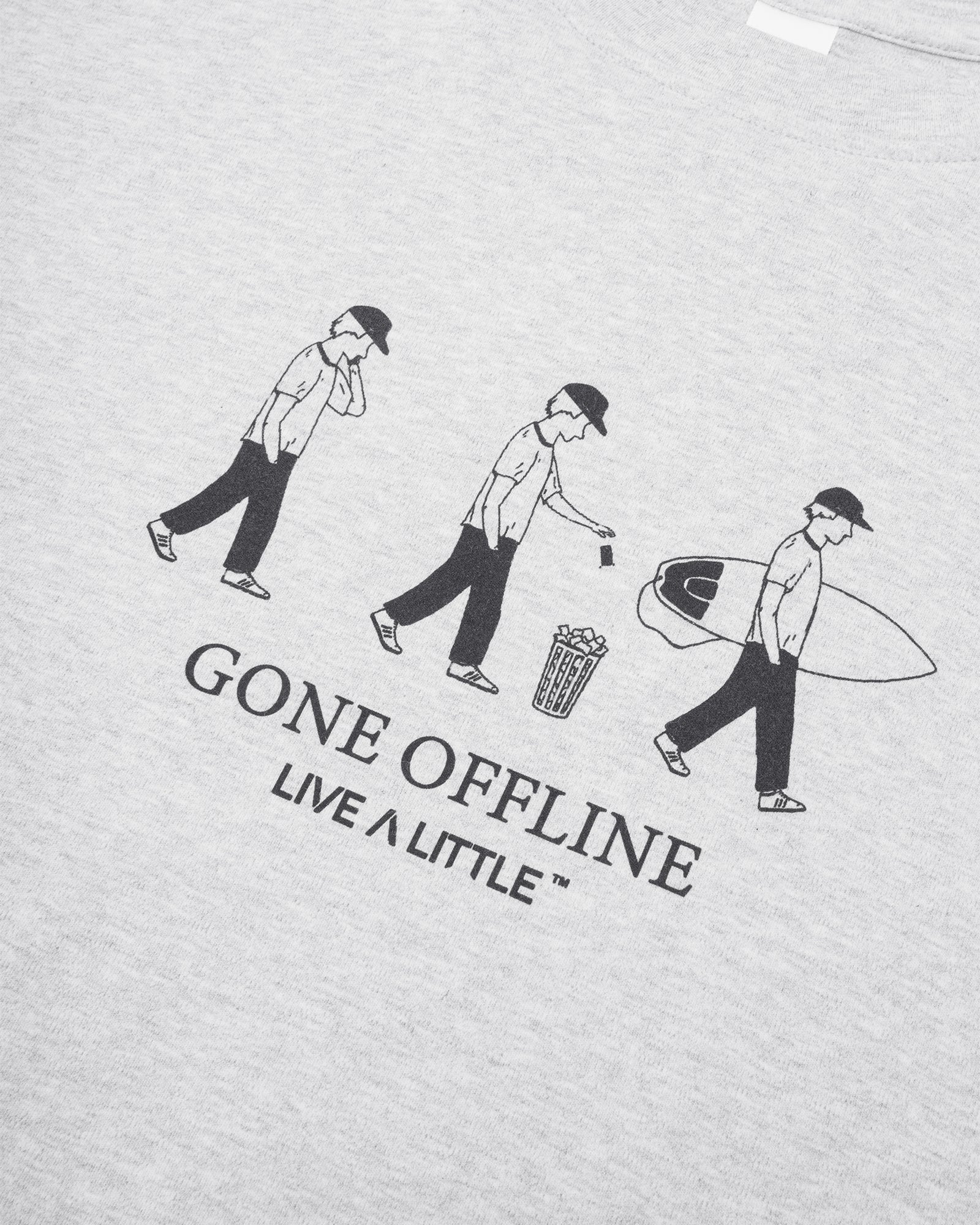 Gone Offline tee front graphic detail on white cotton fabric – close-up