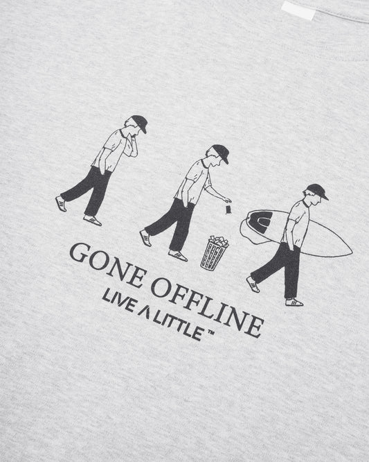 Gone Offline tee front graphic detail on white cotton fabric – close-up