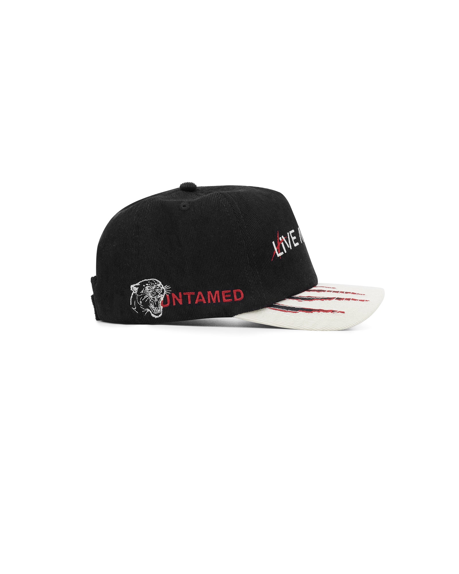 Untamed black and cream 5-panel cap with claw embroidery on brim – side view