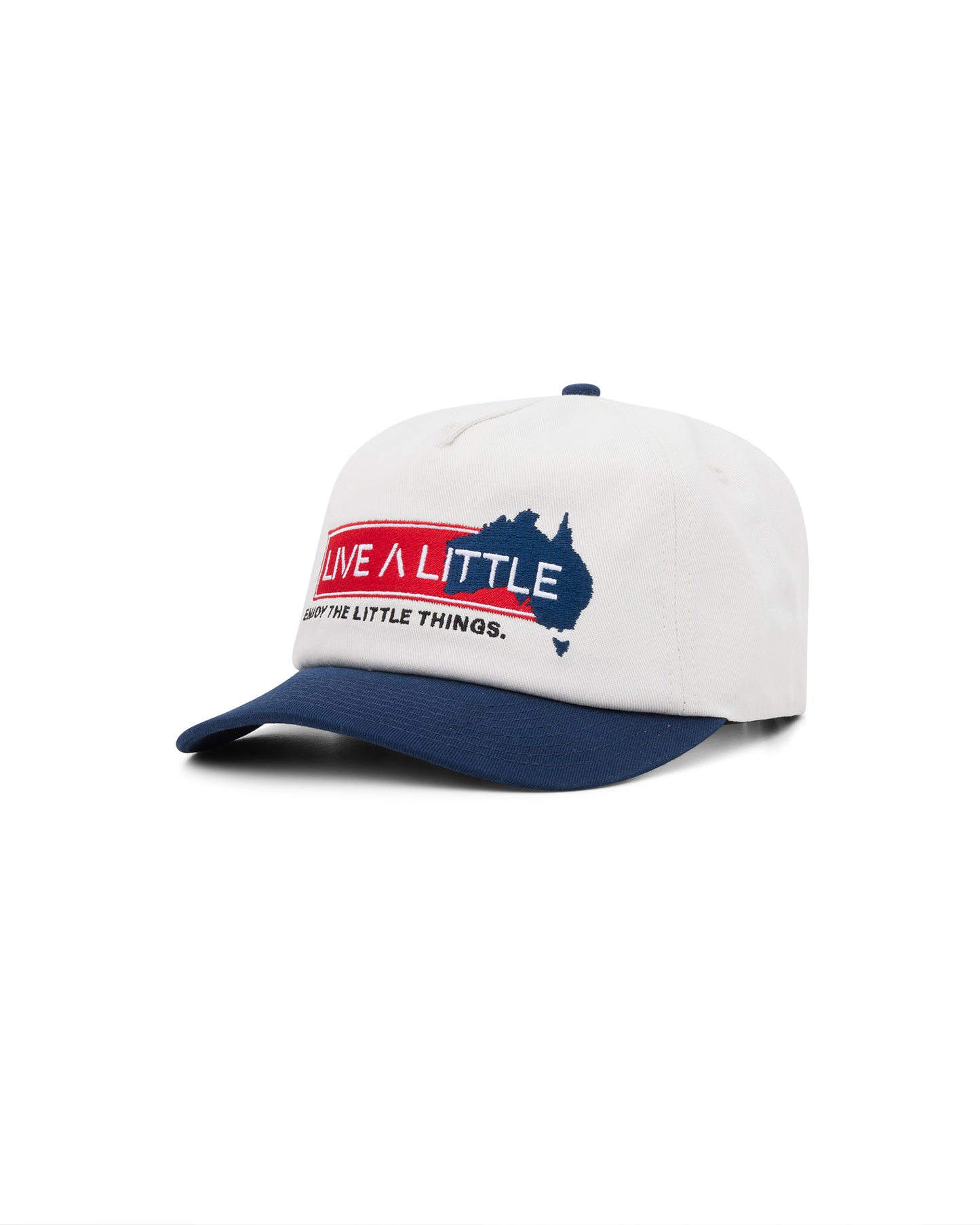 Homeland Cap white and navy cotton baseball cap angled view