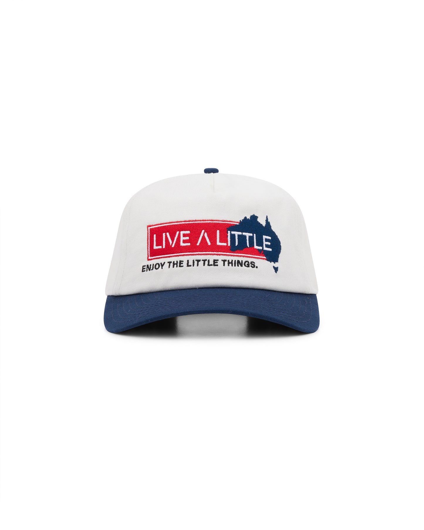 Homeland Cap white and navy 5 panel cotton baseball cap front view