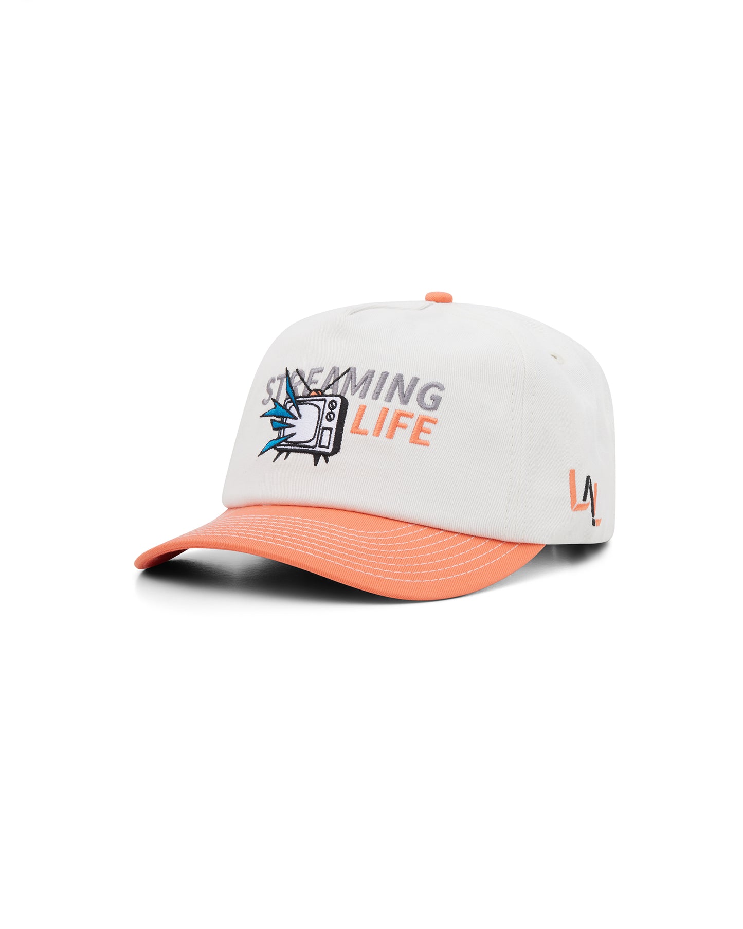Streaming Life Cap coral and white 5 panel washed cotton cap front view