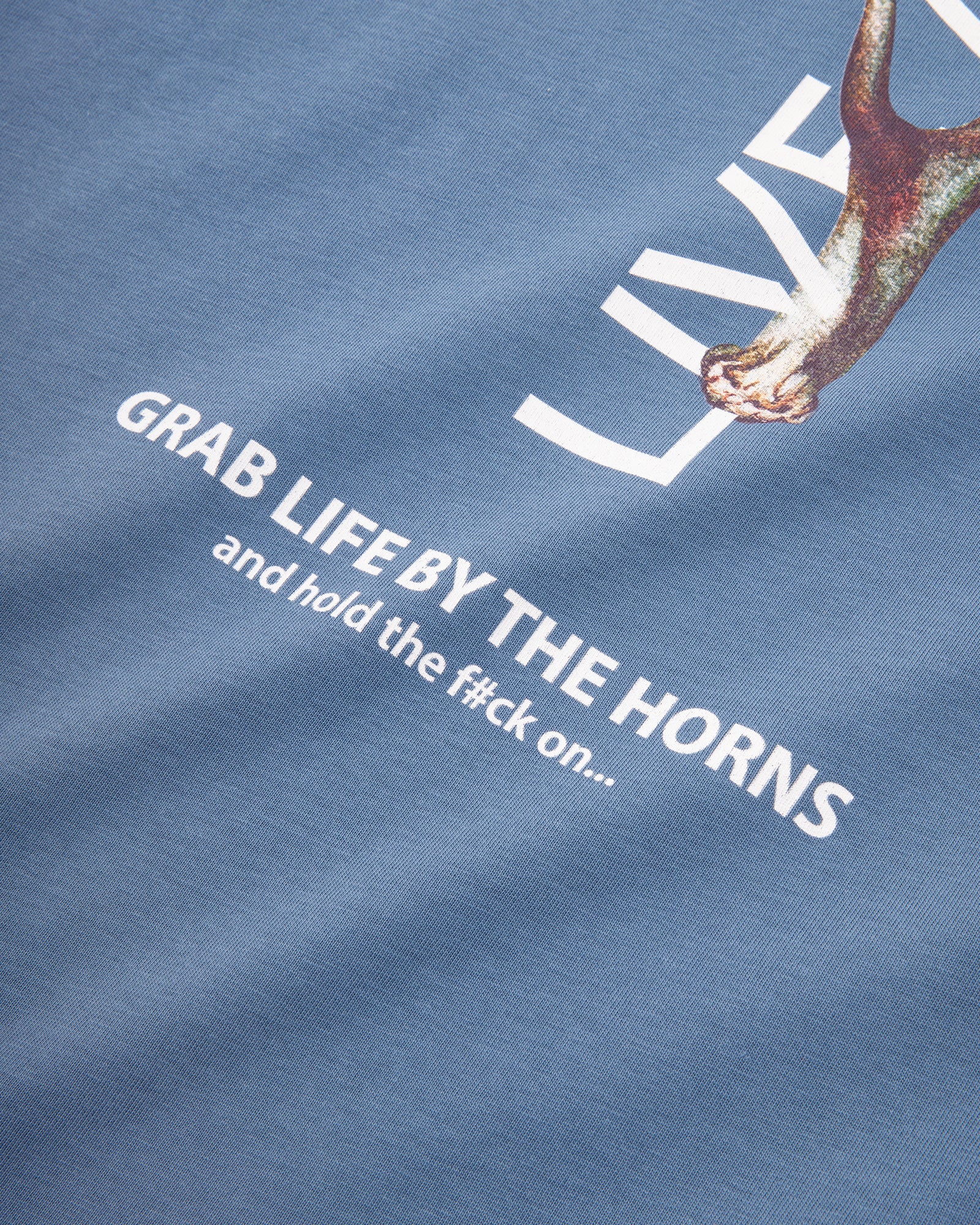 Antler logo print detail on blue organic cotton t-shirt