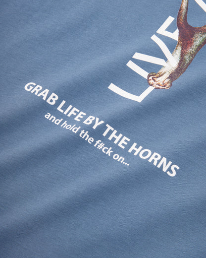Antler logo print detail on blue organic cotton t-shirt