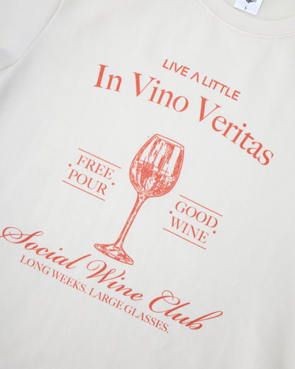 Social Wine Club print detail on off white women’s boxy t-shirt