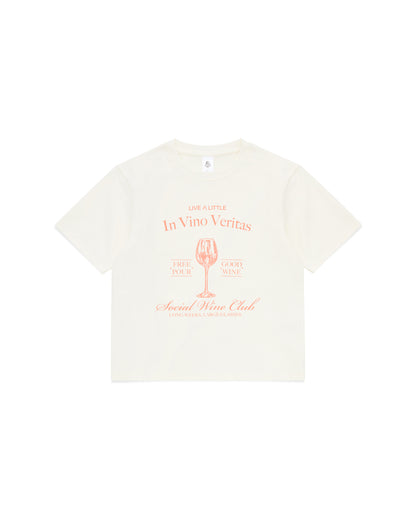 Social Wine Club print detail on off white women’s boxy t-shirt