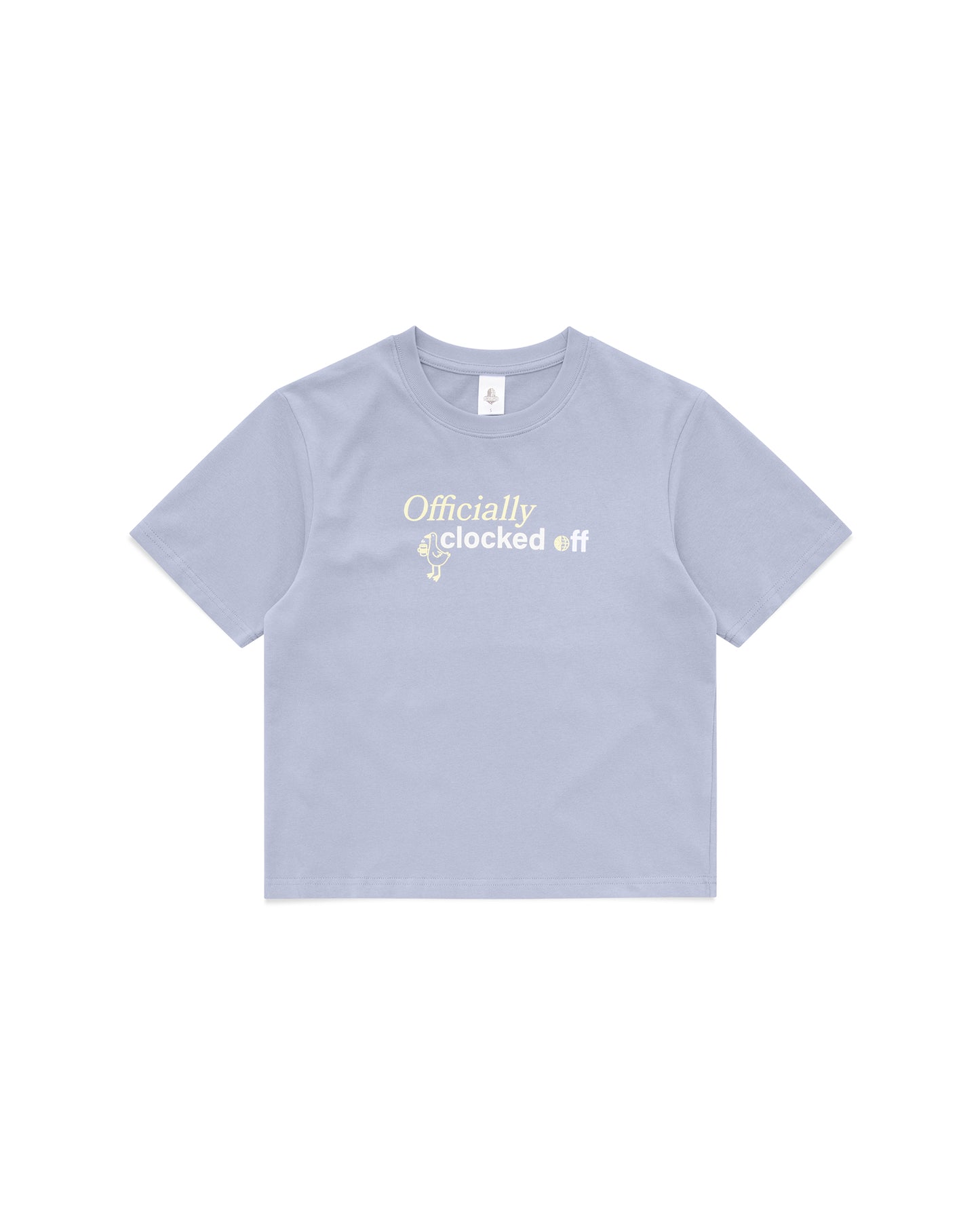 Clocked Off women’s boxy fit t-shirt light blue front view