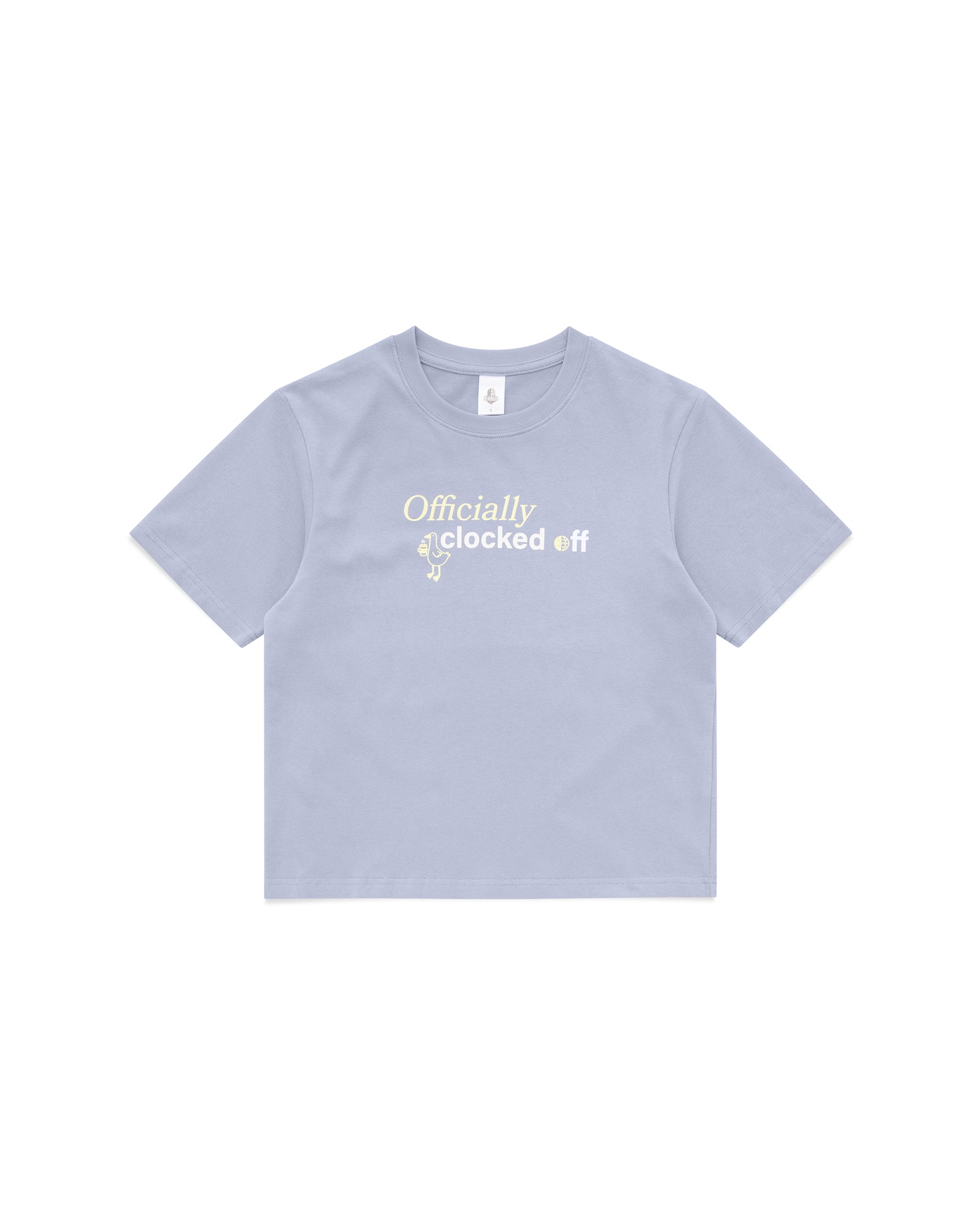 Clocked Off women’s boxy fit t-shirt light blue front view