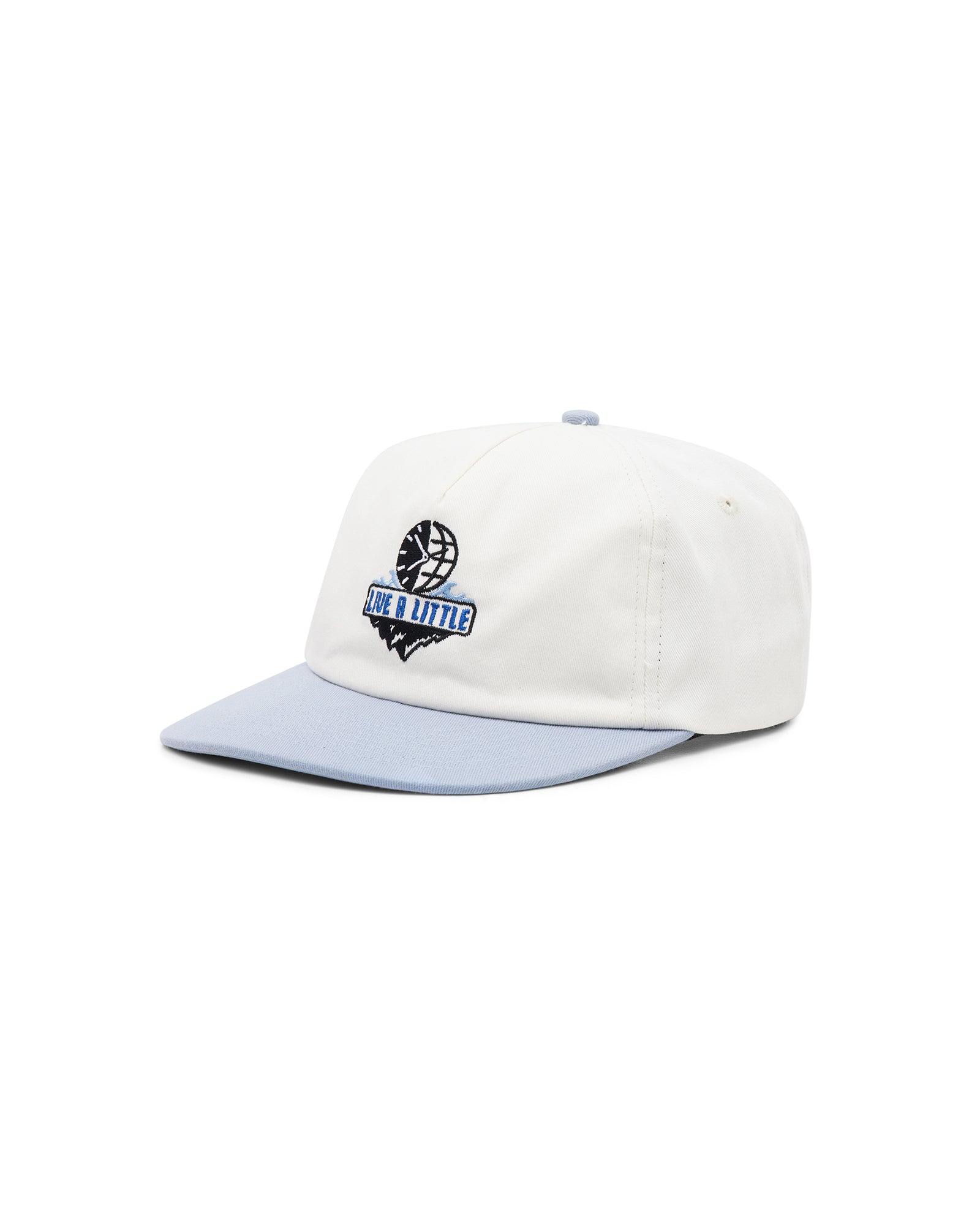 Live A Little cream and blue cap side view