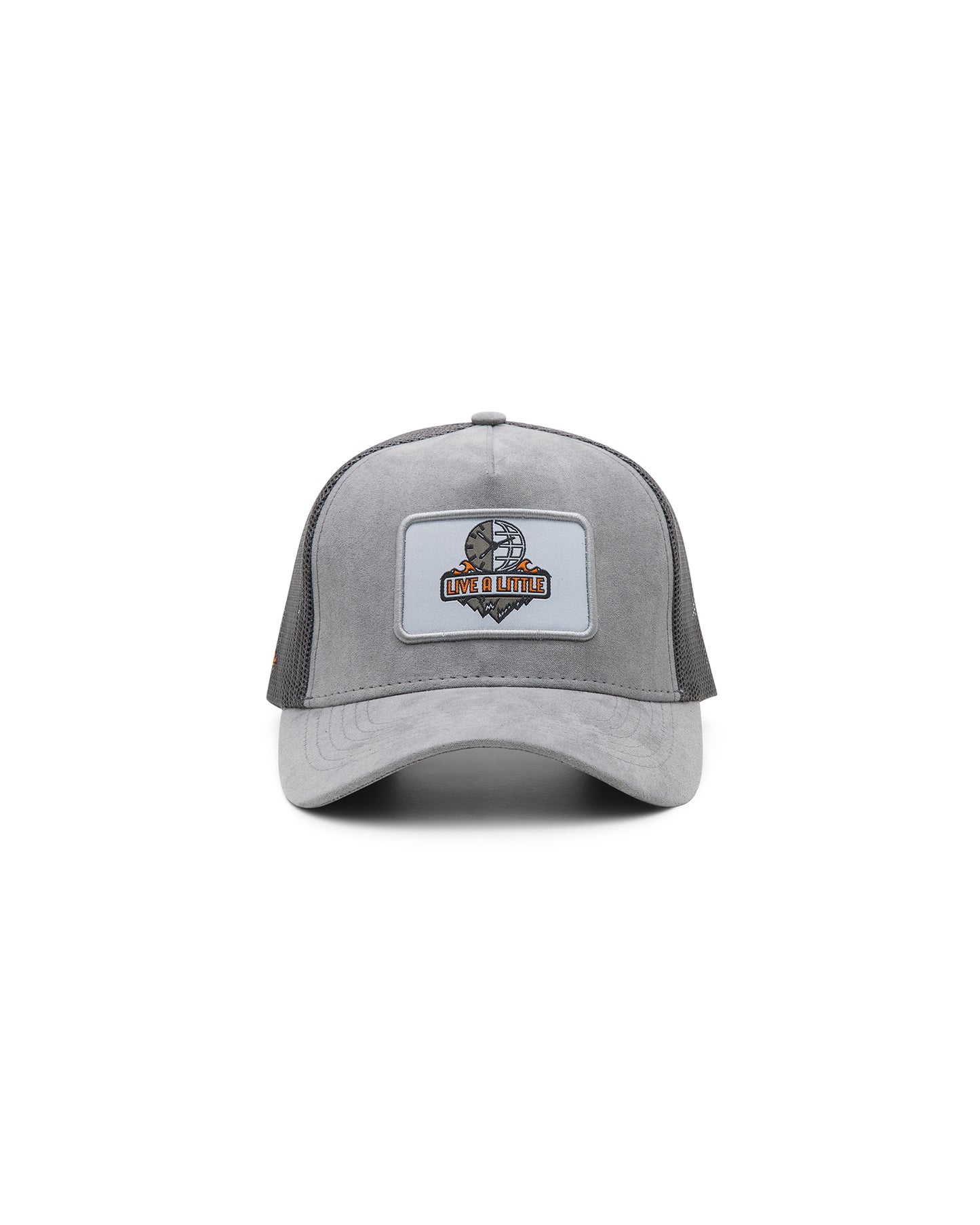 Live A Little logo grey trucker cap front view