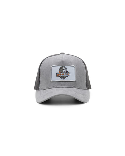 Live A Little logo grey trucker cap front view