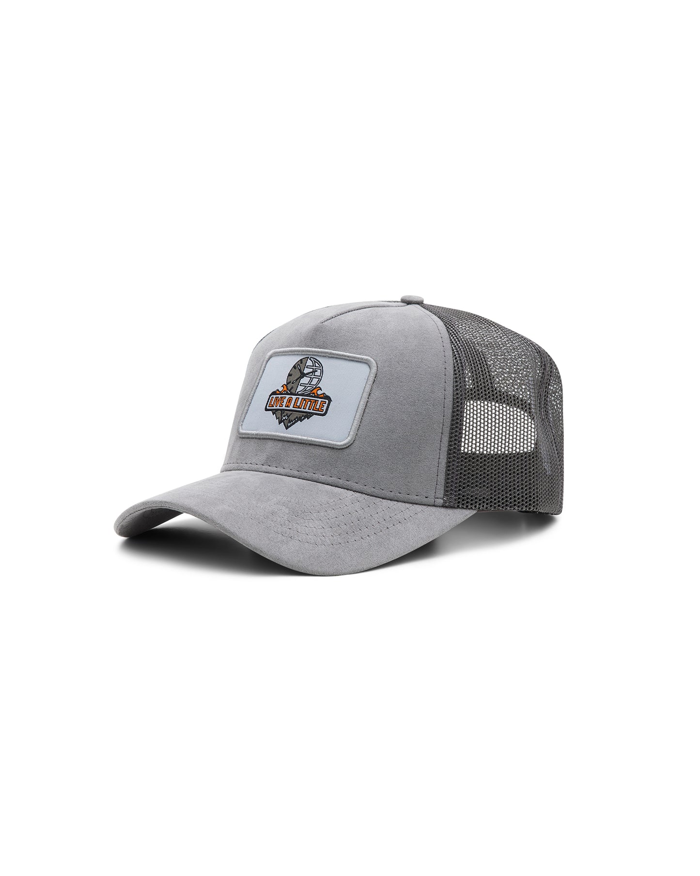 Live A Little grey trucker hat side view with mesh back