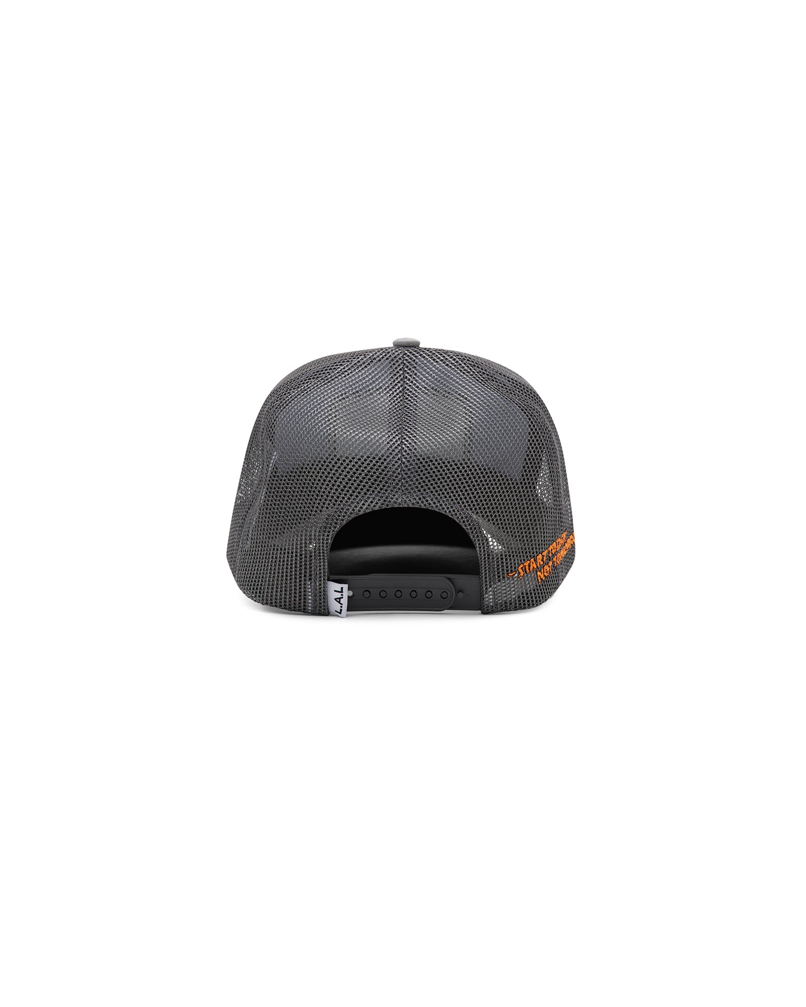 Live A Little grey and black mesh trucker cap back view