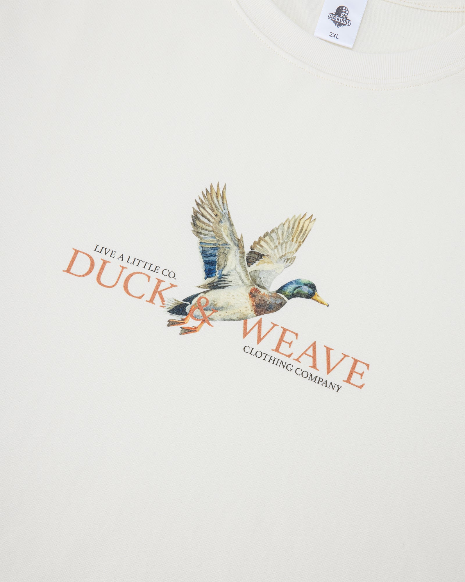 Duck & Weave front graphic detail on cream t-shirt