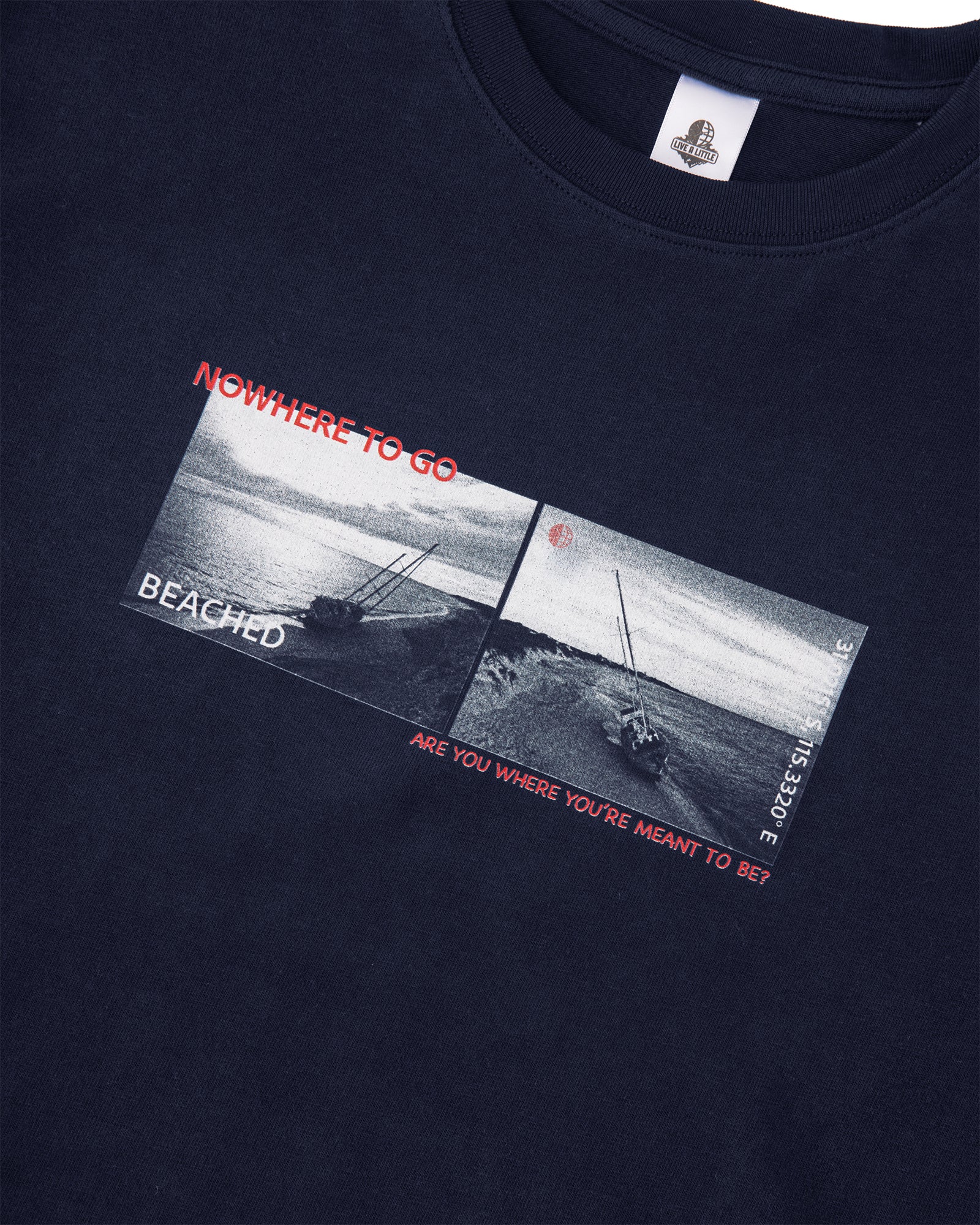 Beached yacht graphic detail on navy t-shirt